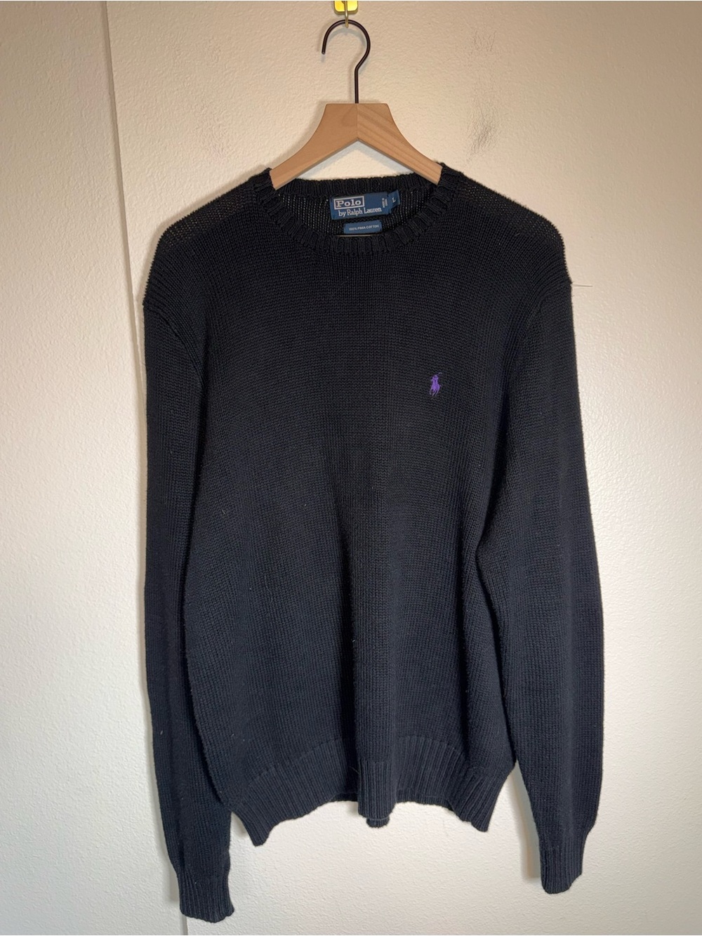 POLO RALPH LAUREN black chunky knit preppy Pima cotton crewneck sweater L